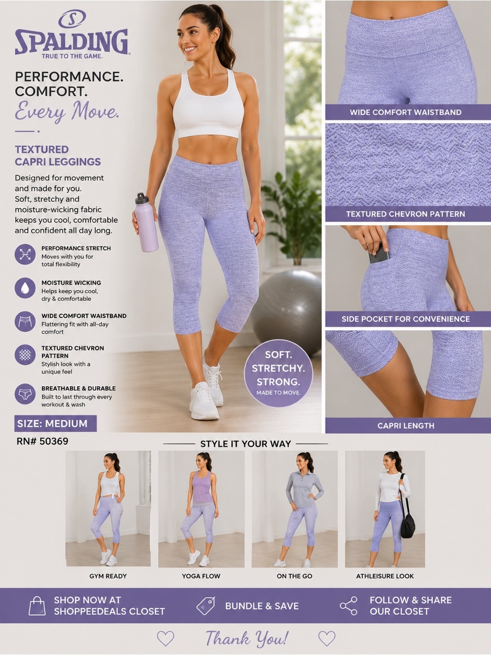Spalding Textured Lavender Performance Capri Leggings | Medium